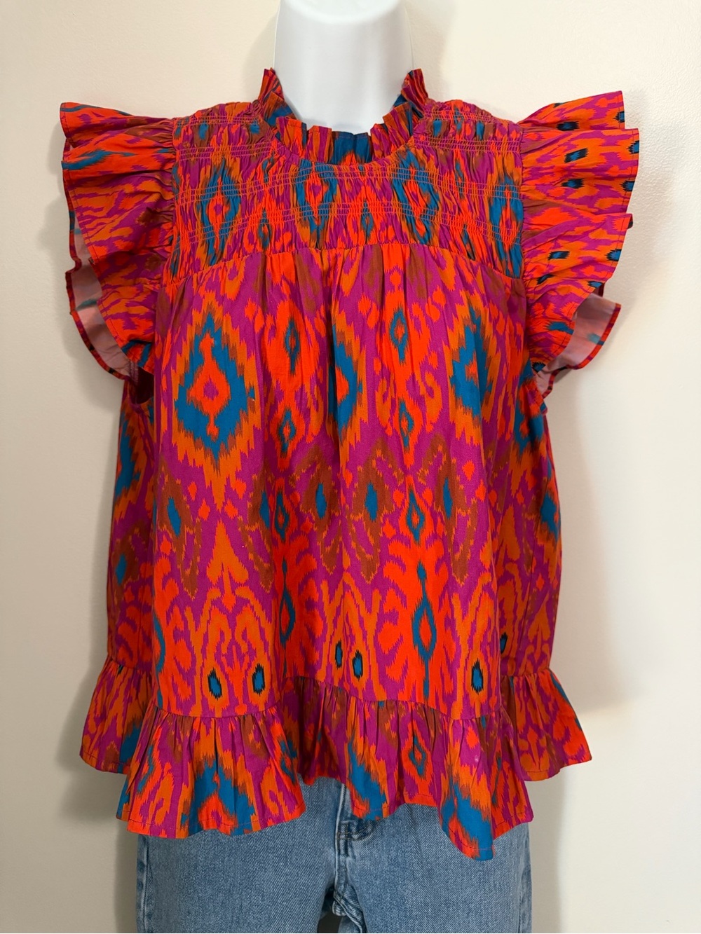 Label of Love Smocked Ruffle Ikat Blouse in Pink & Orange SMALL